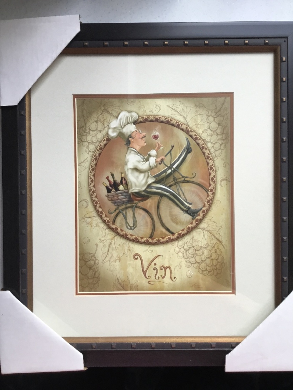 Two Coordinating Framed Kitchen Art Pictures- French Chefs On Bicycles-